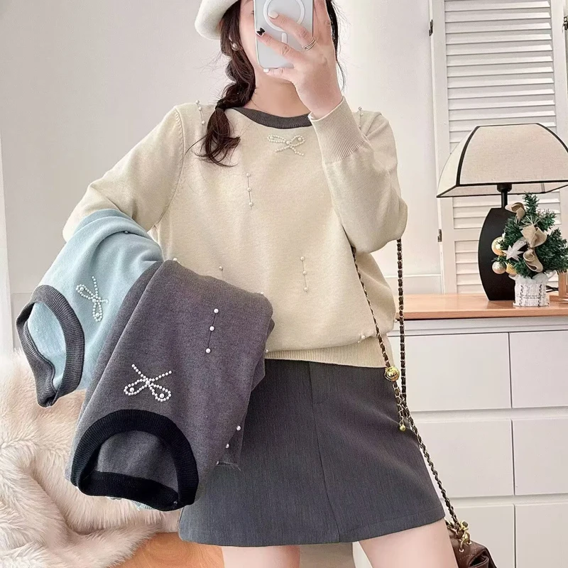 大码女装2025春装新款甜美撞色圆领长袖套头针织衫时尚钉珠上衣女