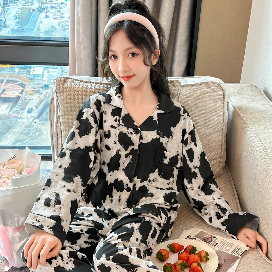 女童睡衣长袖高级感儿童套装春秋季纯棉可外穿女孩翻领开衫家居服