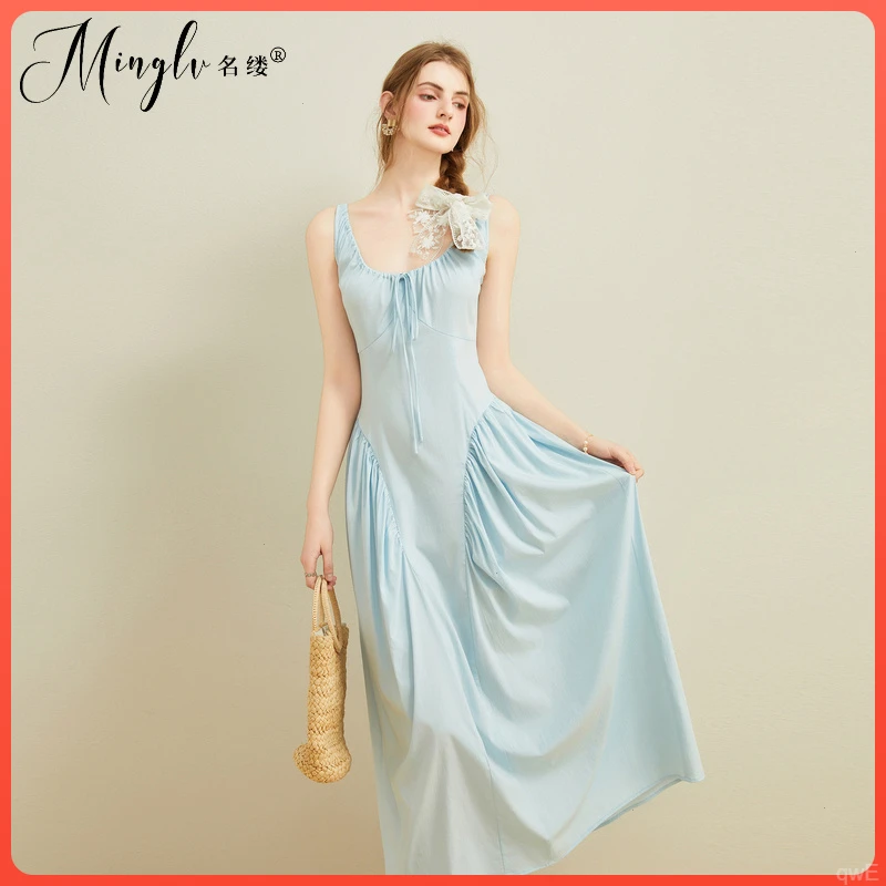名缕高端品牌浅蓝色连衣裙v领收腰长款背心裙过膝气质法式茶歇裙