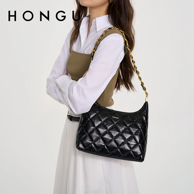 HONGU/红谷头层油蜡真皮摩登牛皮小香风Hobo包菱格链条包H5176149