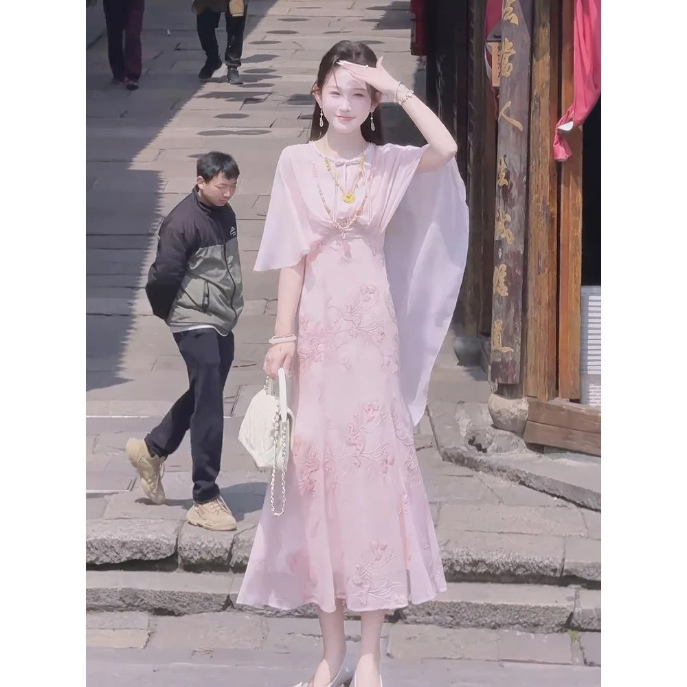 花影•牡丹亭楚王好细腰 新中式国风披肩连衣裙轻奢高级收腰长裙子