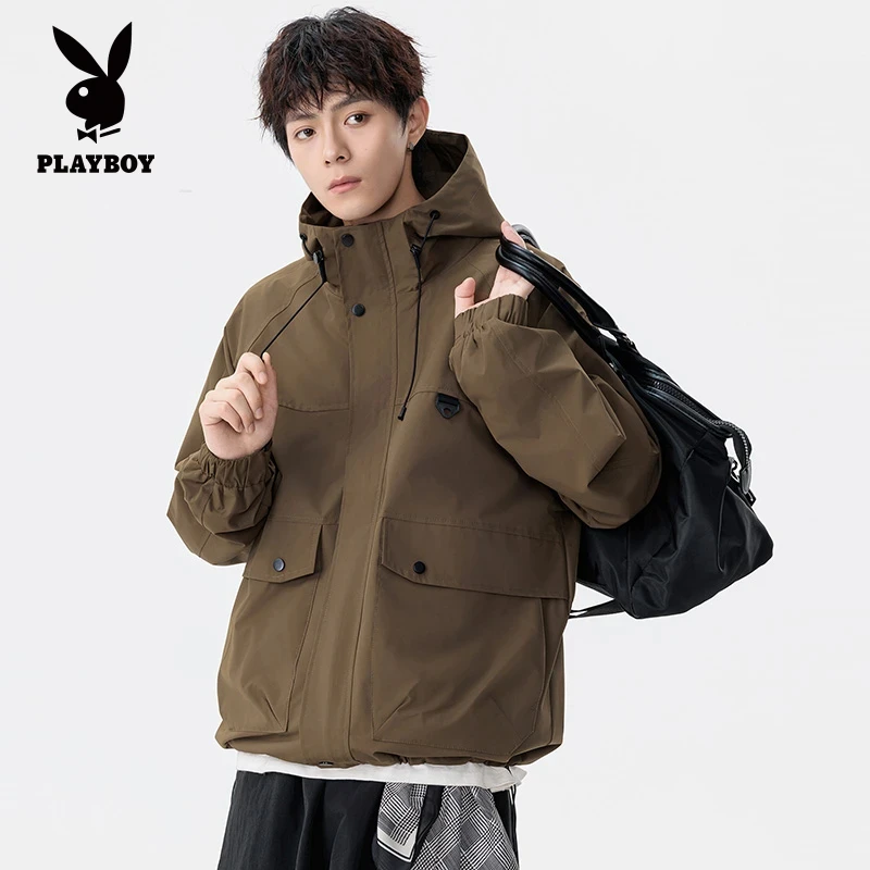 花花公子男士秋冬特大码工装连帽夹克胖男生加肥加大休闲外套男装