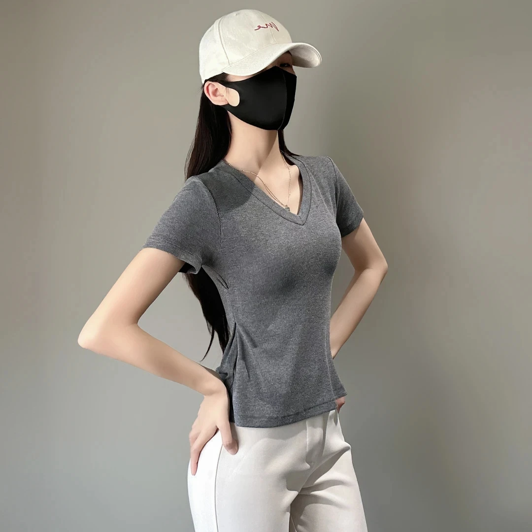 2025新款v领正肩掐腰短袖纯欲辣妹T恤女夏季遮肚显瘦鱼尾裙摆上衣