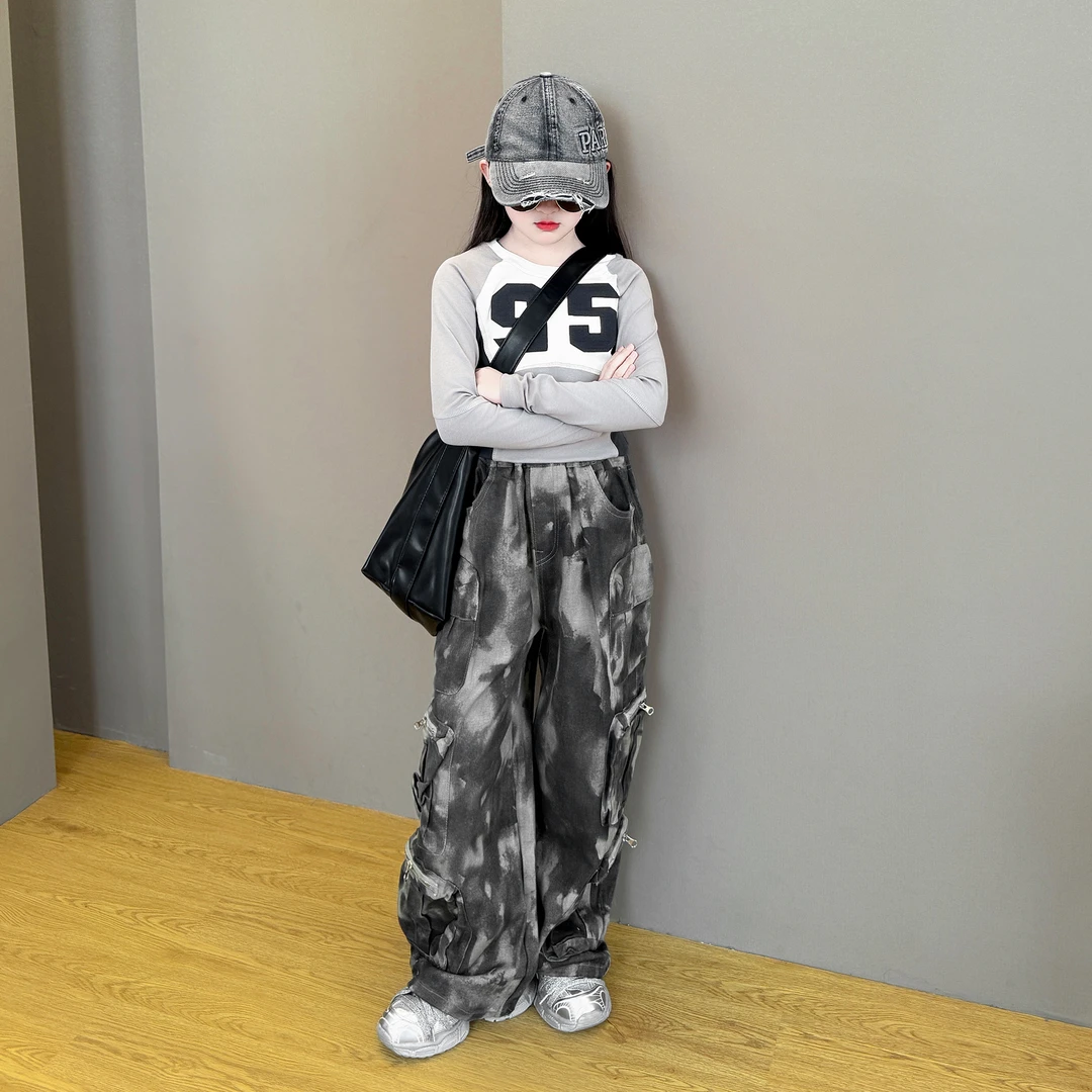 女童2025新款中大童美式复古春秋款个性上衣迷彩伞兵阔腿裤套装潮