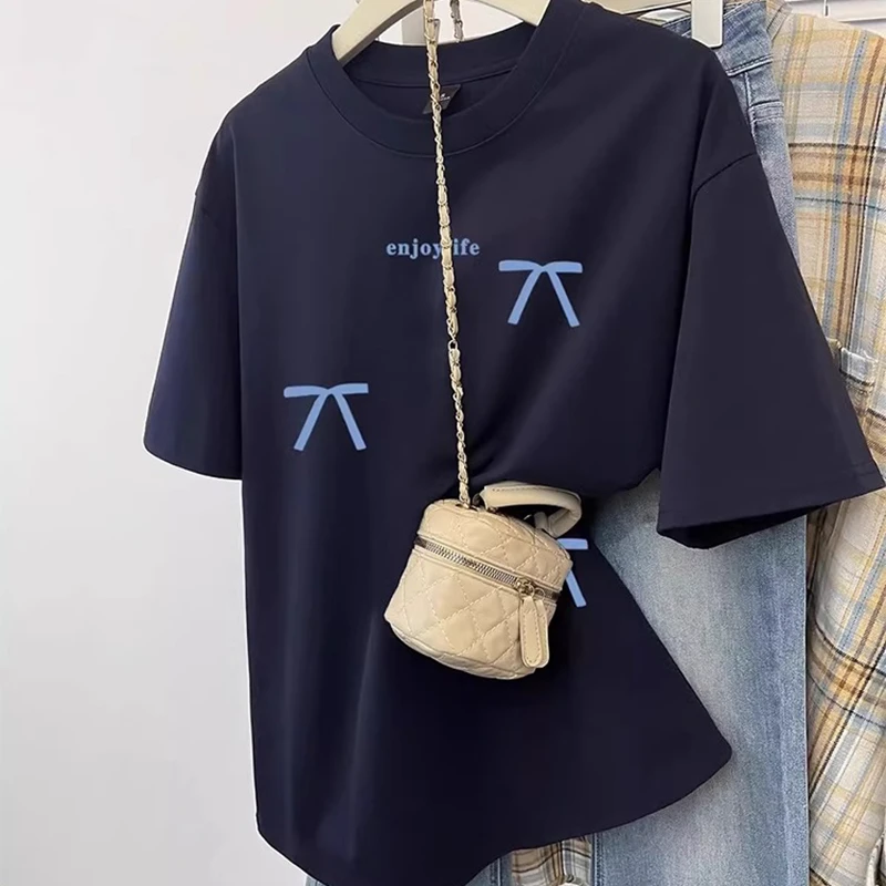 新款宽松纯棉藏青色正肩短袖T恤女夏季时尚蝴蝶结印花上衣