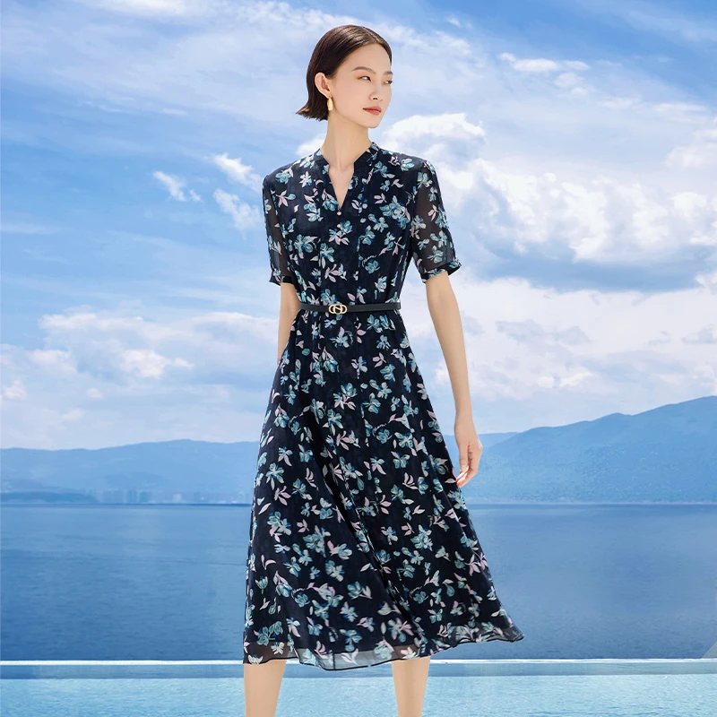 【松弛假日】娜尔思气质V领短袖碎花连衣裙女新款系带裙NF10230Q7