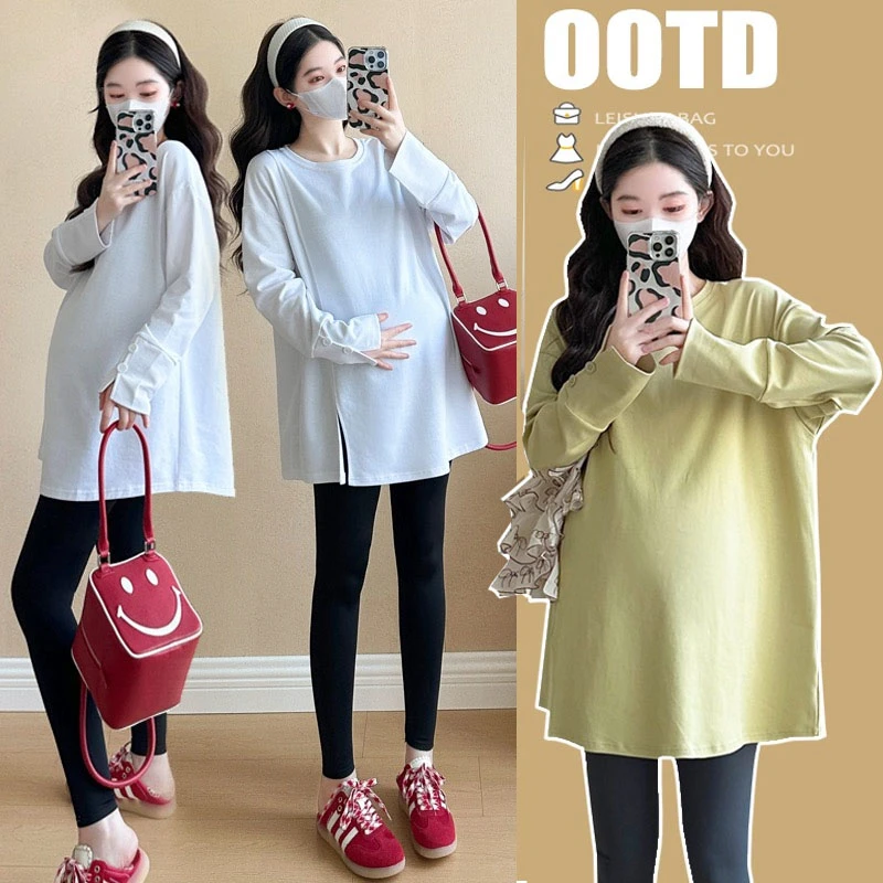 孕妇秋冬衬衫袖时尚T恤侧开叉宽松卫衣慵懒风显瘦圆领中长款上衣