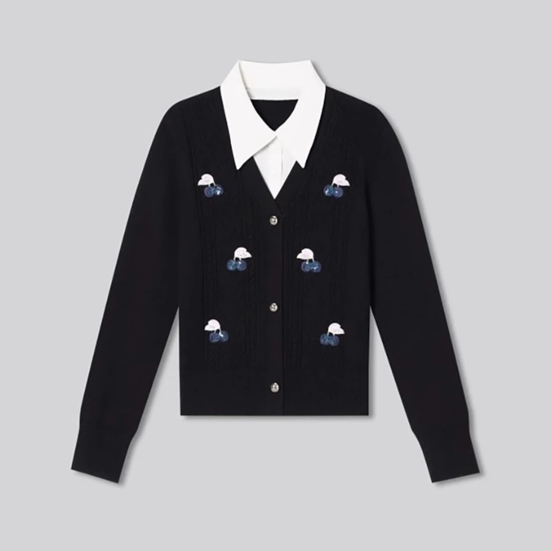 【极简01】休闲时尚经典印花黑色假两件针织衫上衣2482