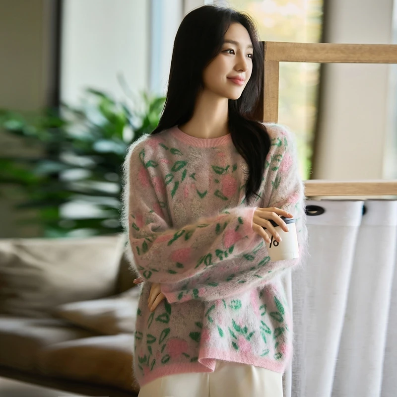 甄选山羊绒拉毛秋冬女式羊绒衫宽松时尚蚕丝针织衫厚款圆领羊毛衫
