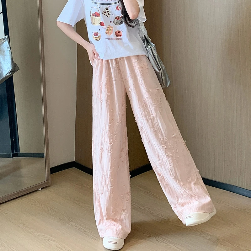 2025阔腿裤女春夏高腰垂感休闲慵懒感小个子破洞粉色直筒裤宽松