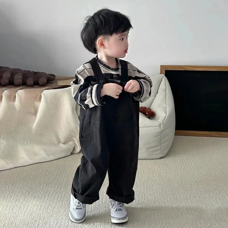 男童2025春季韩版潮酷条纹长袖T恤痞帅背带裤中小童休闲两件套装