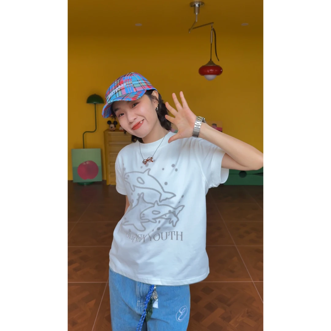 （海豚）美式复古小众原创设计撞色小领口插肩袖T恤