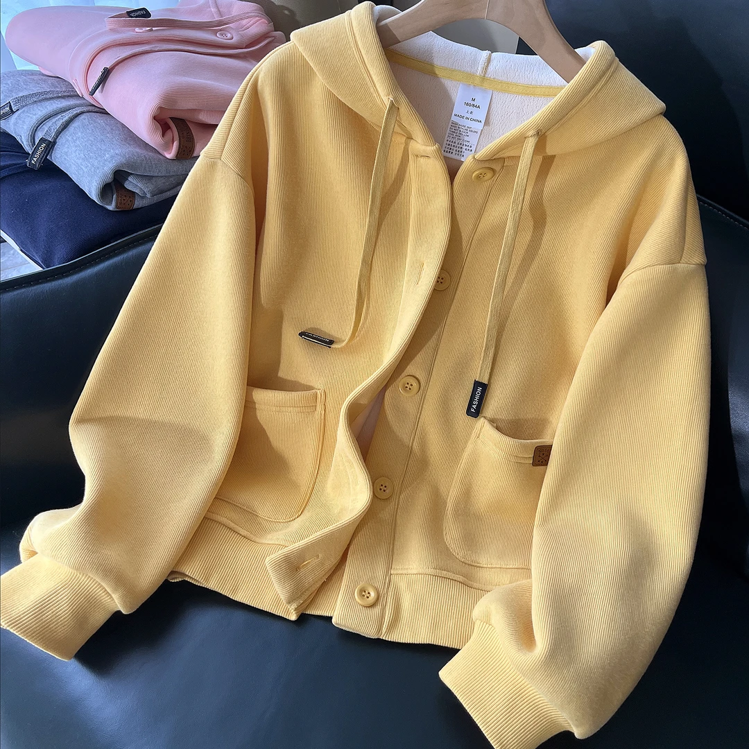 黄色连帽开衫外套女冬季加绒加厚卫衣摇粒绒春秋款女装运动开衫