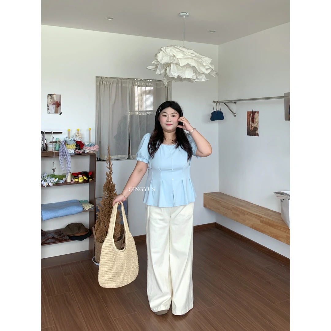 青屿衫-微胖显瘦夏季圆领蕾丝边大码女装捏褶收腰韩版少女风T恤