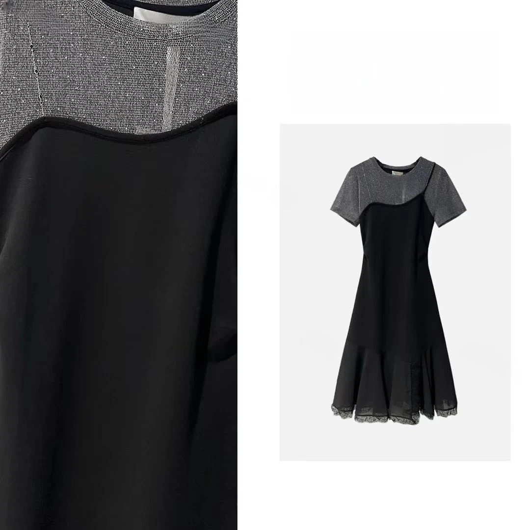 设计感蕾丝连衣裙圆领中长裙蝴蝶夏季连衣裙