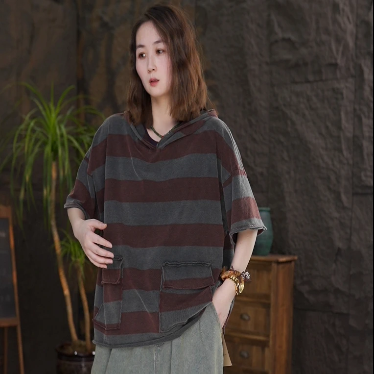 夏季新款简约韩版显瘦连帽条纹短袖上衣宽松大码休闲遮肉T恤