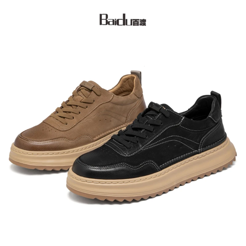 Baidu百渡男鞋2025秋季新款男士休闲皮鞋厚底板鞋男款轻便舒适
