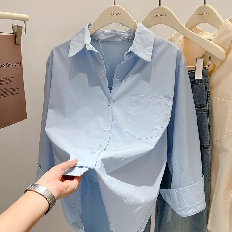 蓝色长袖衬衫女夏季2025年新款上衣蓝色宽松衬衣外套通勤穿搭开衫