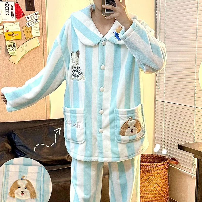 侘町2024年蓝白小狗条纹法兰绒睡衣女秋冬款加绒加厚家居服冬季