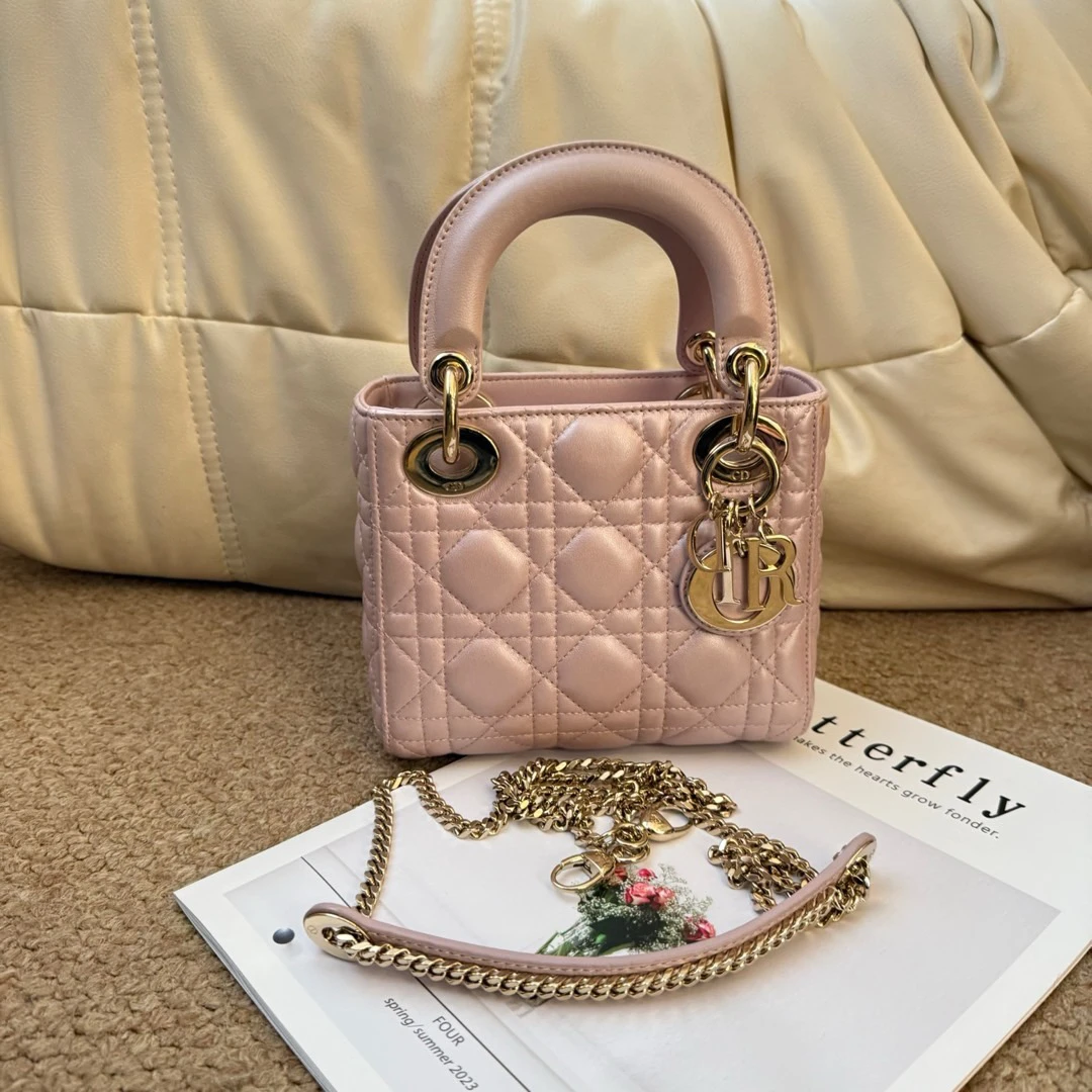 95新 DIOR/迪奥 Dior 淡粉色 羊皮 三格戴妃斜挎包/605795641