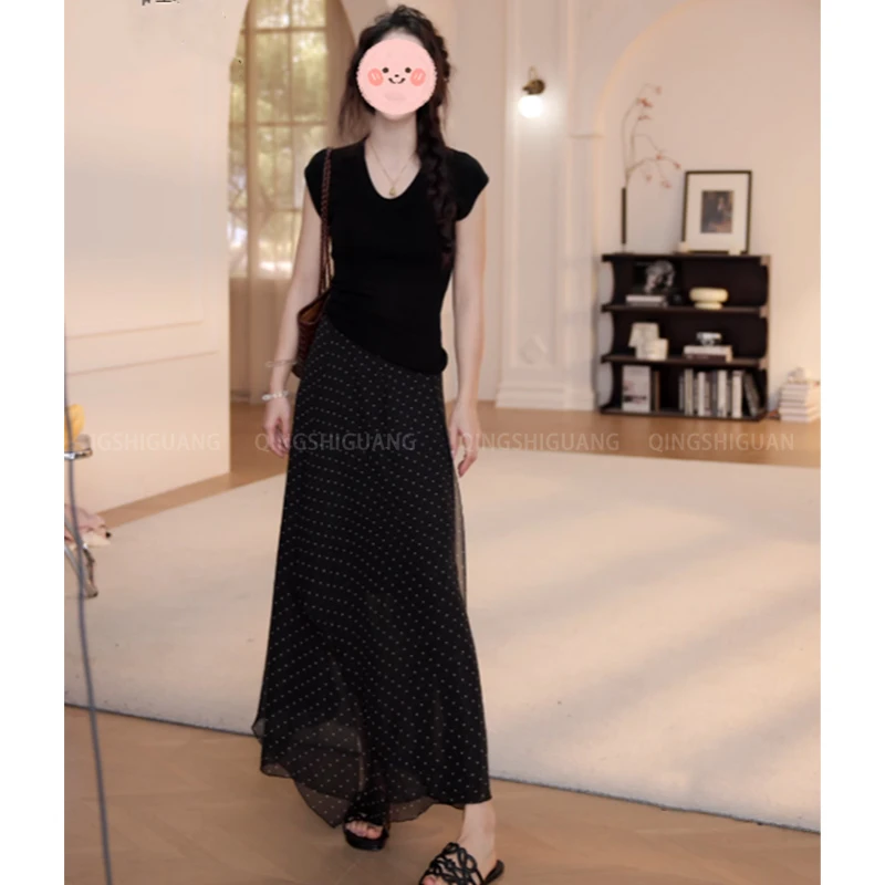 韩系新款设计感U领小飞袖T恤上衣波点仙女显瘦修身半身裙两件套