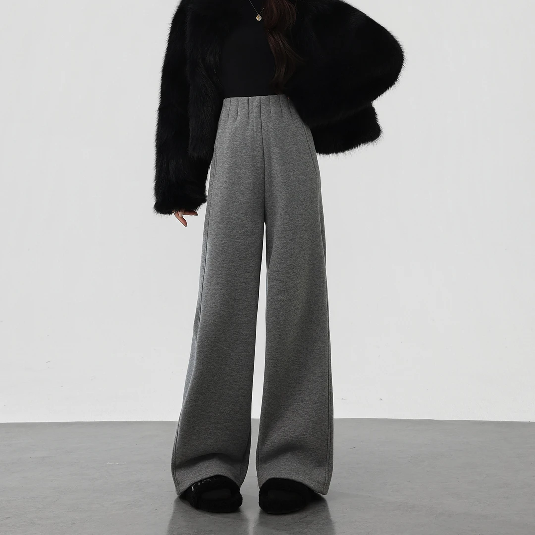 灰色羊毛裤冬季新款高腰直筒加绒加厚休闲羊毛醋酸加长阔腿裤