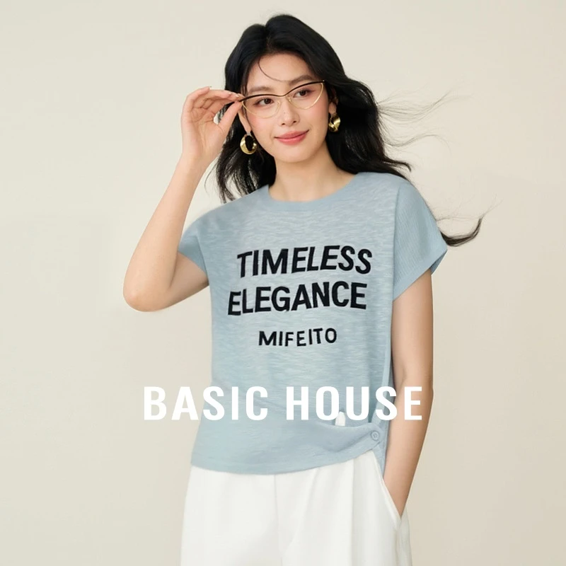 Basic House/百家好夏季新款字母设计T恤短袖针织衫女B0625H5Y432