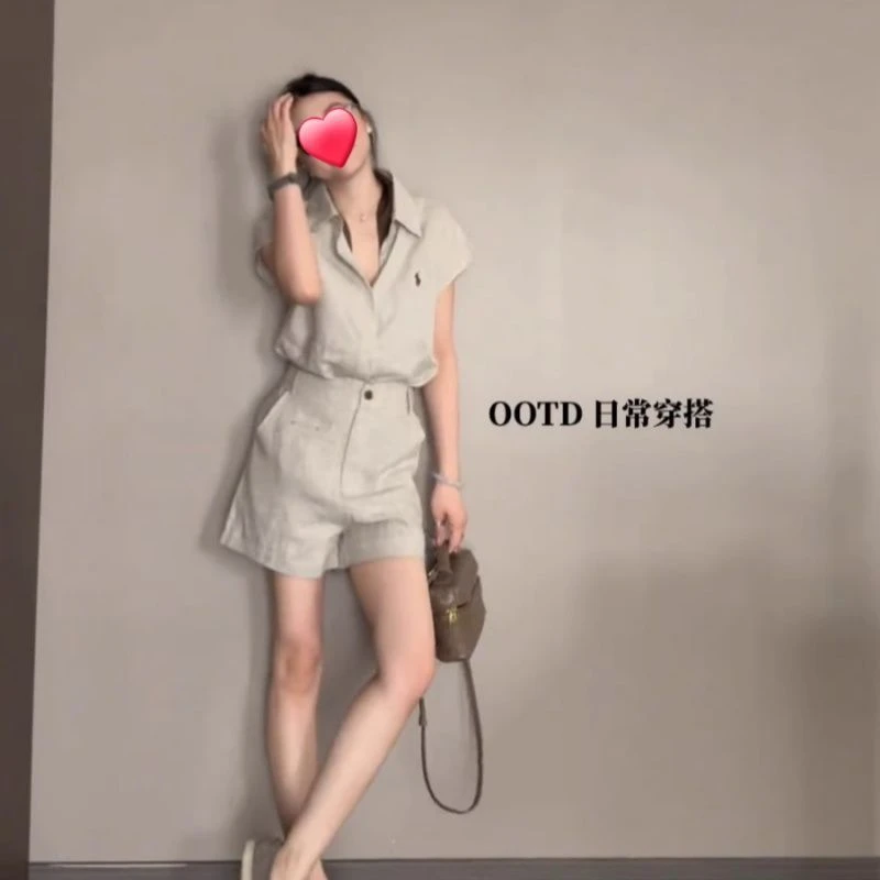 2025年超火夏装一整套盐系轻熟米白色衬衫大方得体短裤穿搭两件套