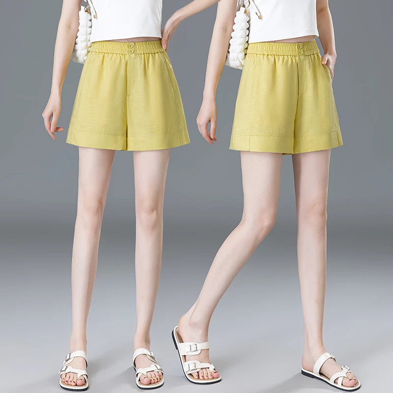 黄色棉麻短裤天丝亚麻阔腿裤女2025夏季新款松紧高腰显瘦A字热裤