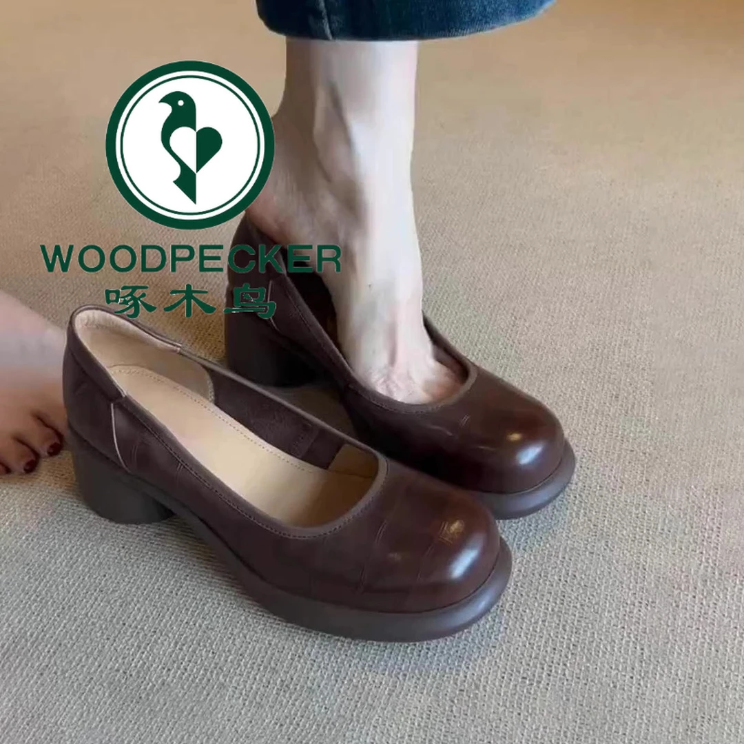 啄木鸟复古浅口单鞋女夏新款圆头粗跟一脚蹬玛丽珍鞋英伦风小皮鞋