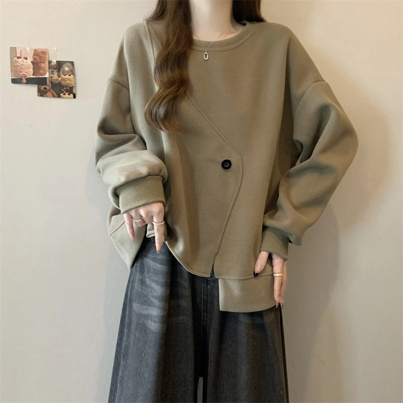 设计感不规则长袖卫衣女秋季大码女装胖mm宽松显瘦正肩上衣打底衫