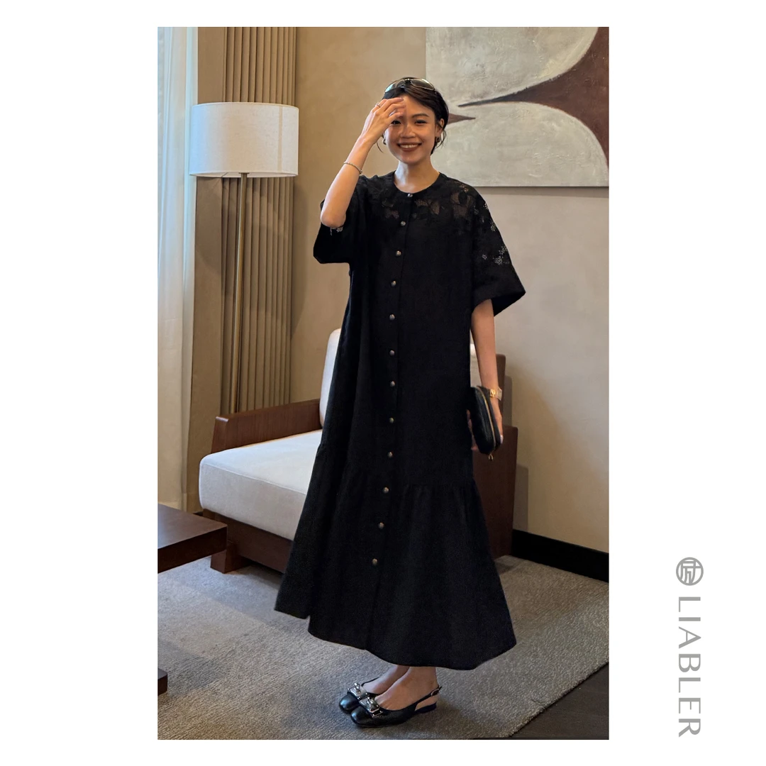 LIABLER W25春夏亚麻复古蕾丝拼接鱼尾摆连衣裙 LSS25247D