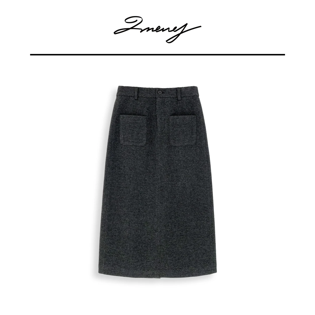 LMENY【清】时髦刚需款~贴袋直筒开衩粗斜呢显瘦中长半身裙24DQ007