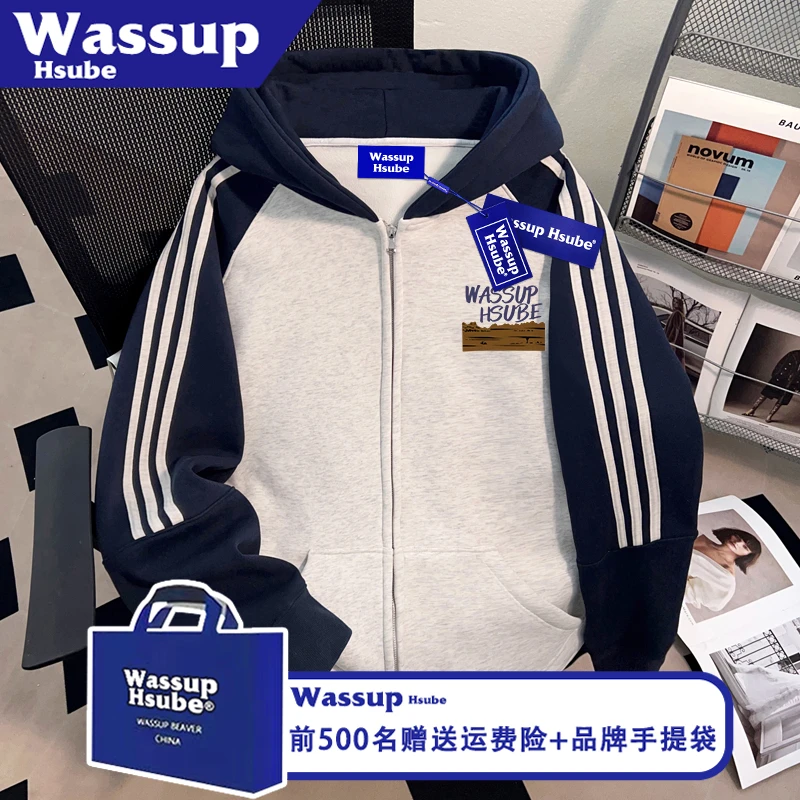 WASSUP HSUBE文艺字母印花卫衣拉链连帽男女款开衫秋冬三条杠外套
