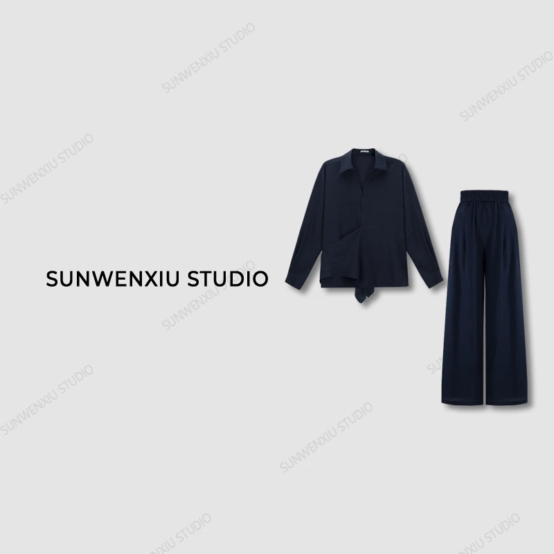 swx studio2店 “都市生活”精致V领系带衬衫阔腿裤套装
