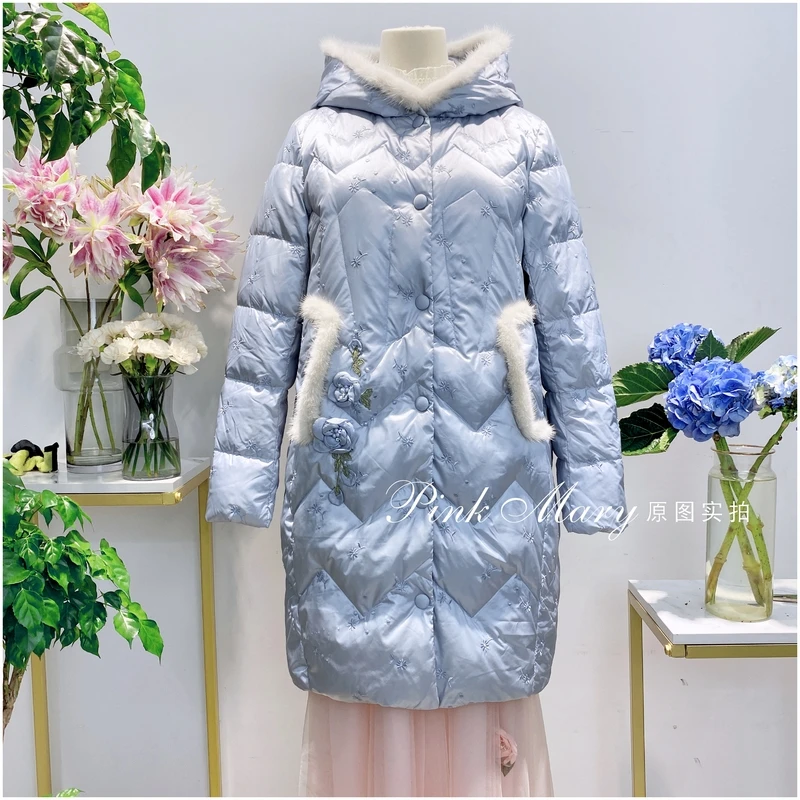 Pink Mary粉红玛琍长款连帽白鹅绒羽绒服外套保暖女装PMAKW760351