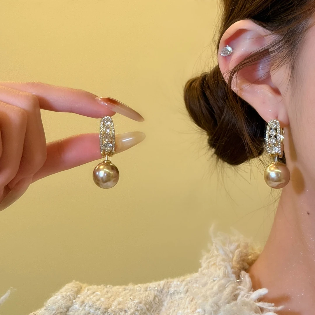 铜合金仿珍珠耳饰 流光香槟 法式闪钻香槟色珍珠一款多戴式耳环女