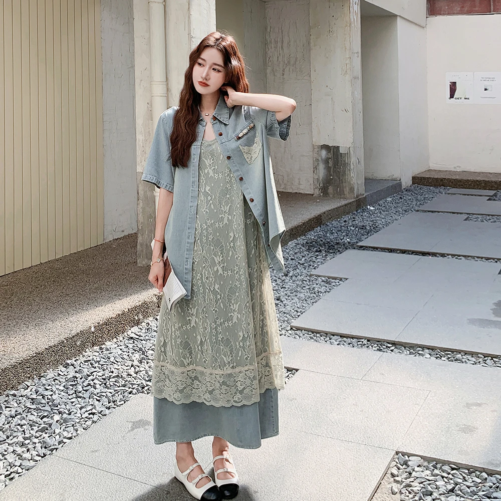 一整套ootd穿搭减龄爆款高级感巨好看夏日绝美牛仔衬衫吊带裙套装