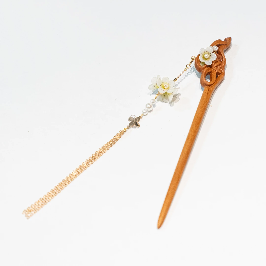 【花暮雨】手工黑檀木汉服新中式檀木绒花发簪子中国风流苏时尚简约