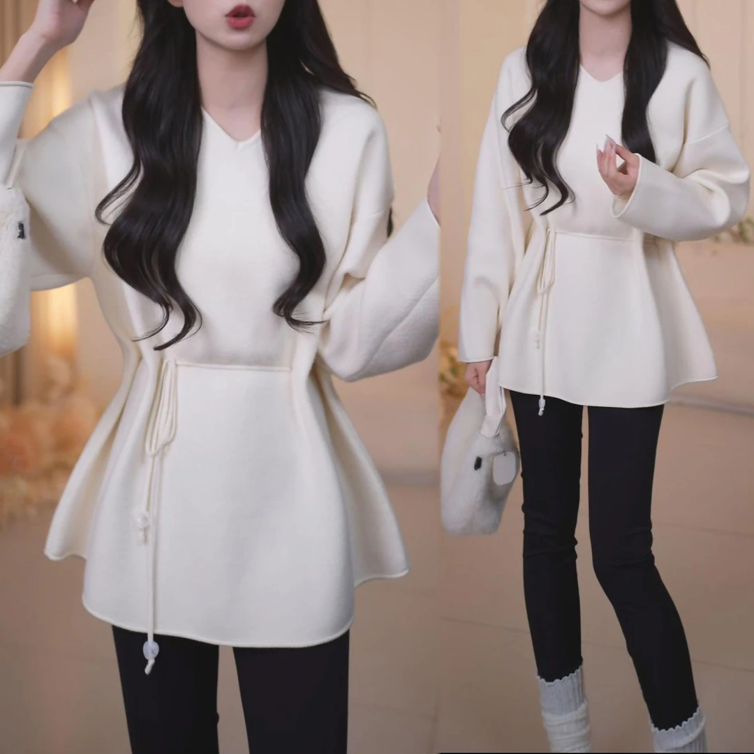 洋气设计感绑带收腰显瘦上衣2025秋冬新款时尚韩系简约纯色针织衫