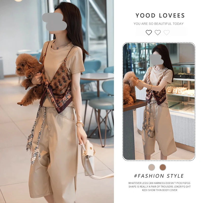 新中式国风女装2025夏季新款拼接背心假两件T恤五分直筒裤两件套