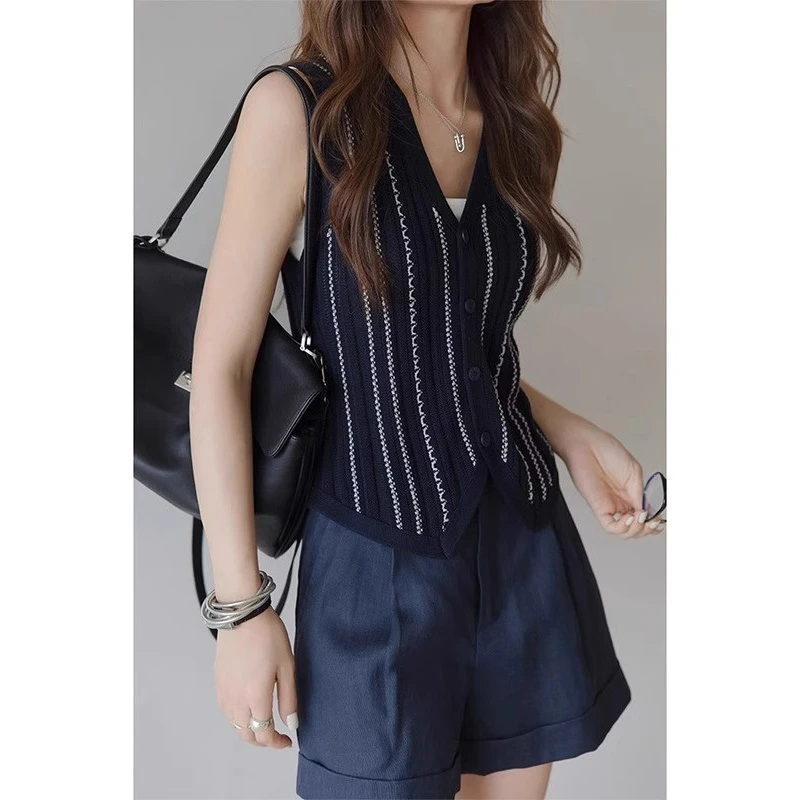 这版型巨爱！老钱风高级感气质条纹v领无袖针织开衫女夏季背心马甲