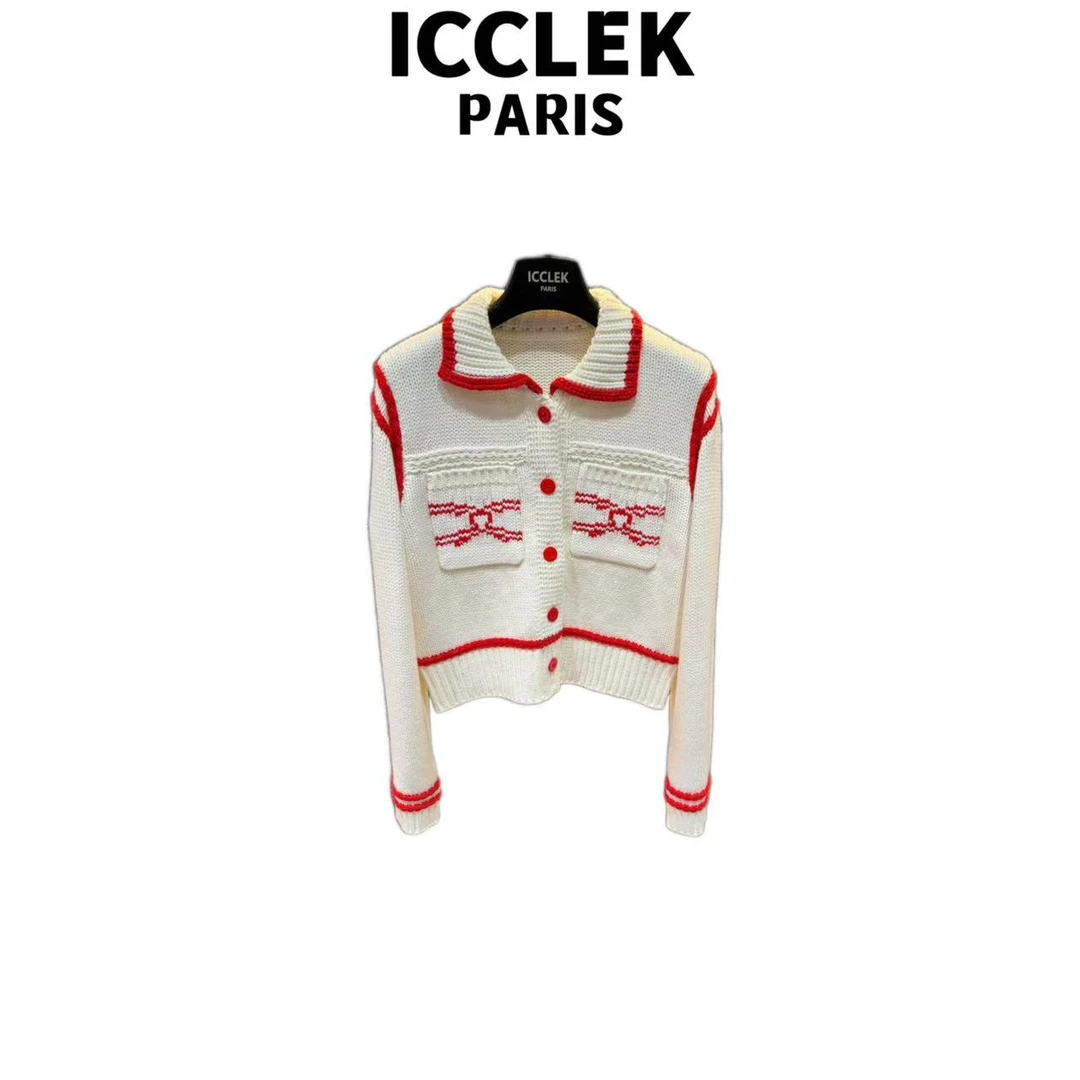 ICCLEK 秋冬设计师款白色圆领红扣长袖针织开衫上衣 - 9292