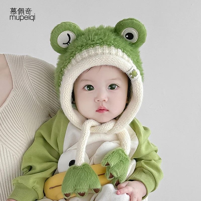 宝宝帽子秋冬季毛线帽男女婴儿韩版儿童一体小青蛙保暖套头冬天厚