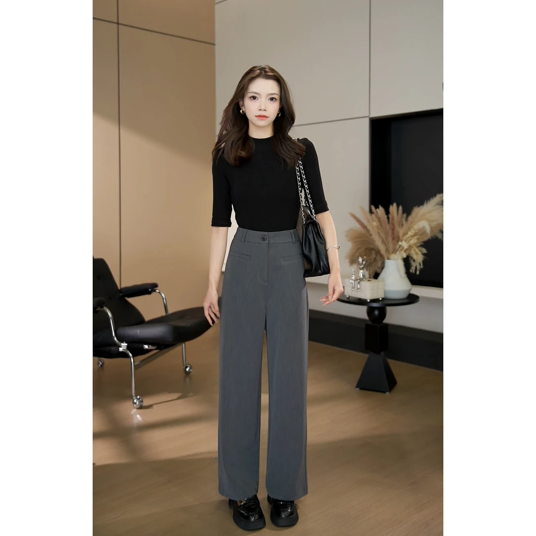 【现货】春季新款显瘦直筒高腰宽松垂感休闲宽松休闲裤-3110