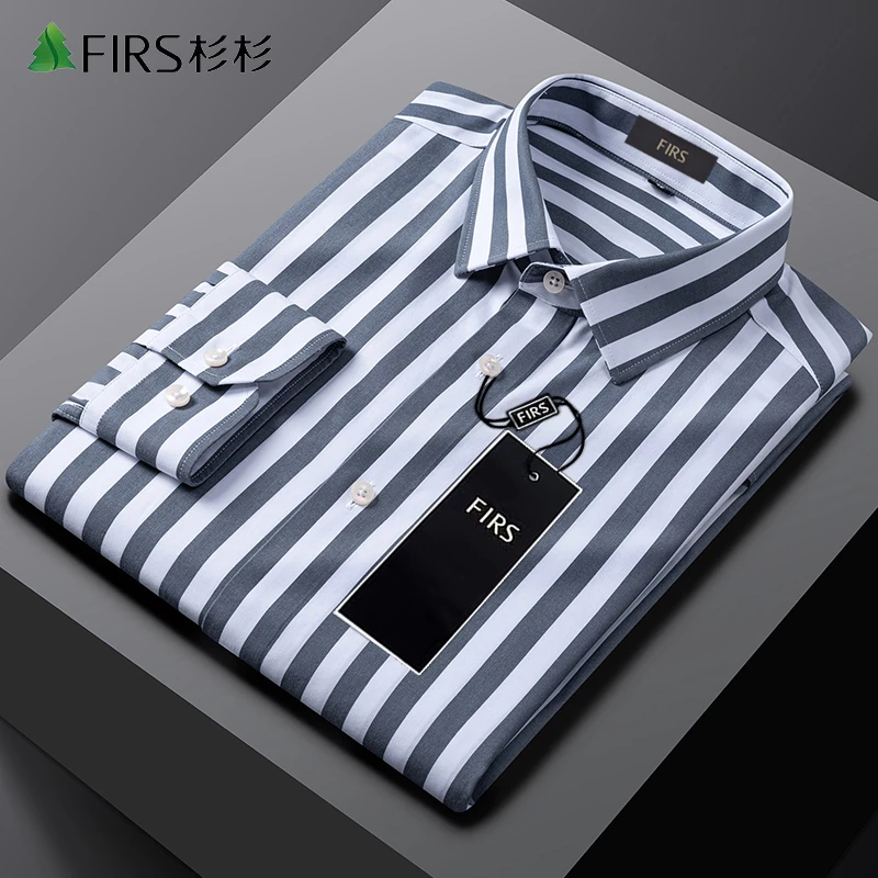 100支新疆纯棉杉杉男士条纹透气薄款长袖衬衫商务休闲免烫衬衣男