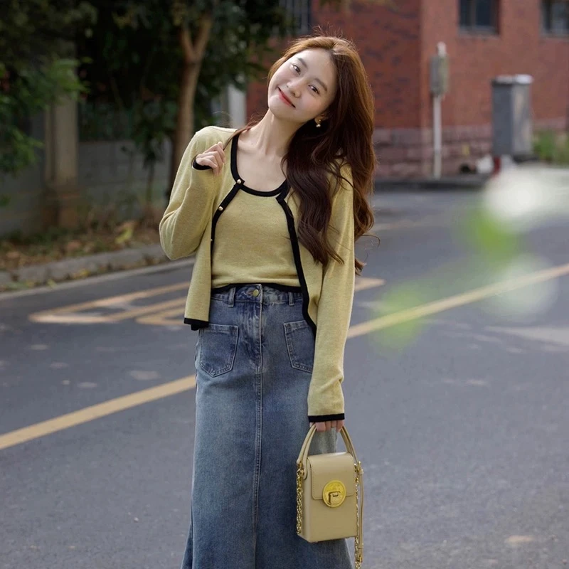 2025春夏新款韩系穿搭慵懒风背心开衫叠穿牛仔半身裙显瘦三件套女