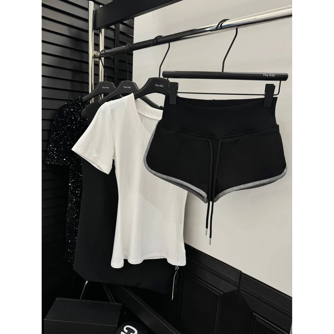 现货！【美式辣妹运动阔腿短裤】黑色显瘦高腰抽绳休闲卫裤热裤