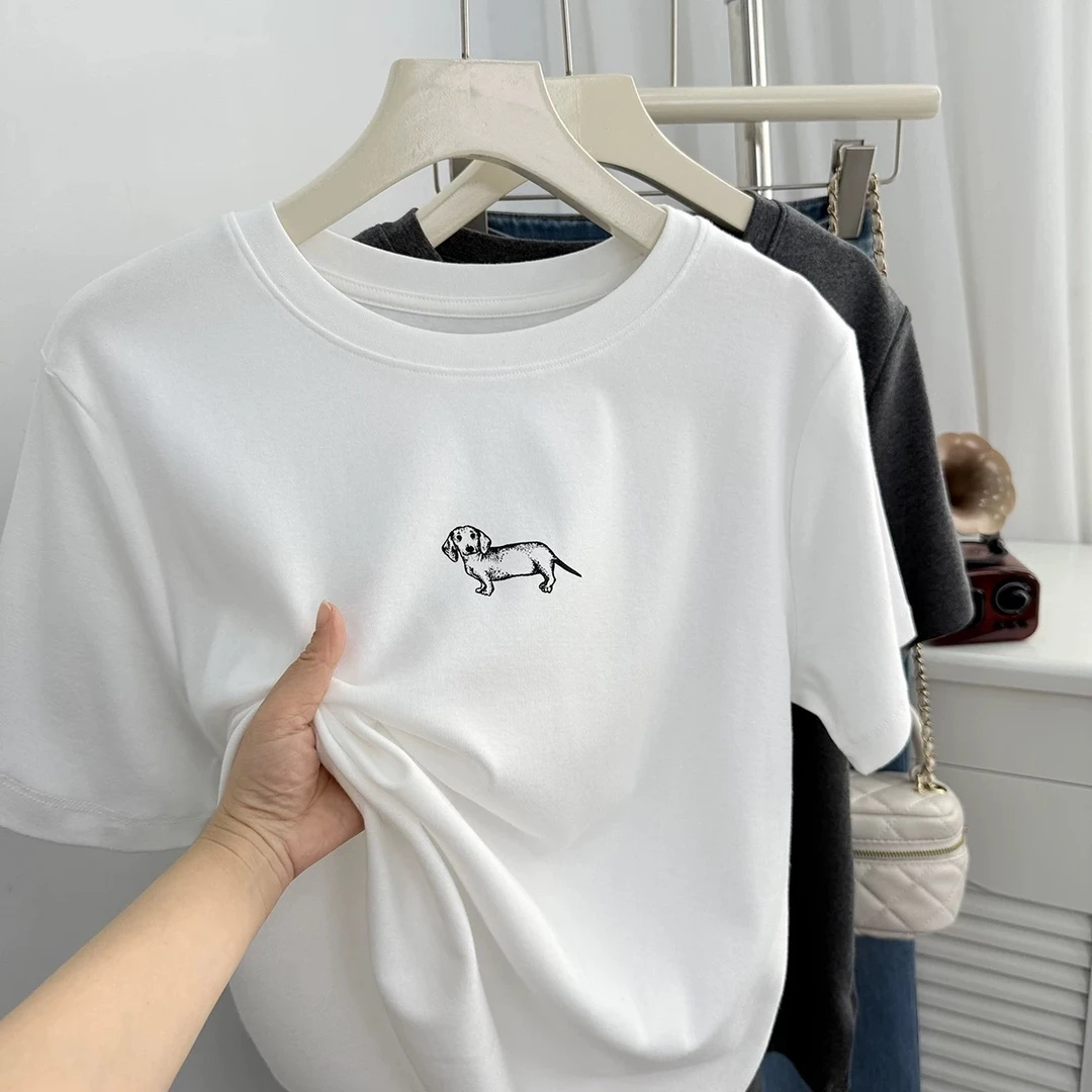 腊肠狗100%纯棉夏卡通印花短袖舒适男女款情侣学院风圆领优选T恤
