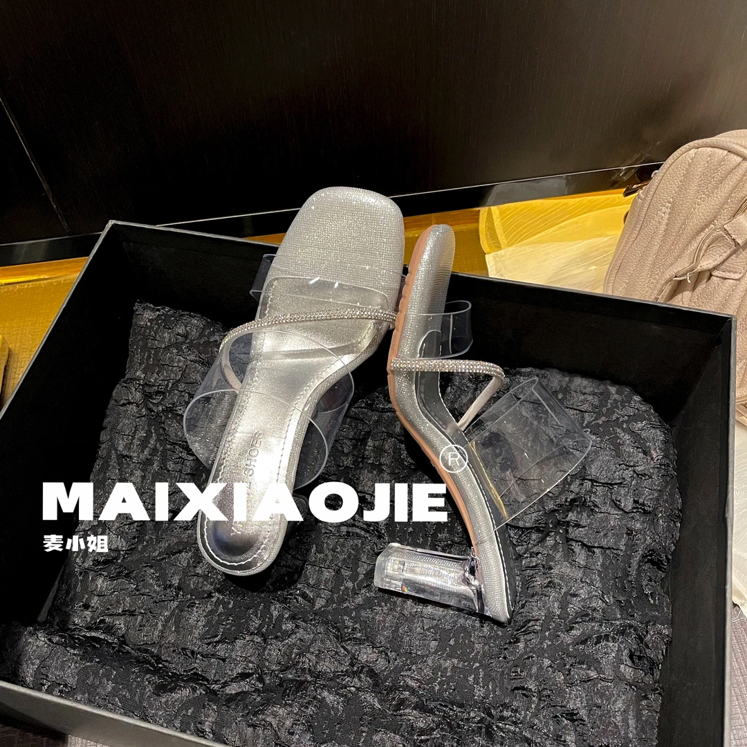 【超软爆闪】夏季闪钻2025年钻条水晶高跟凉鞋透明凉鞋拖一字带粗跟